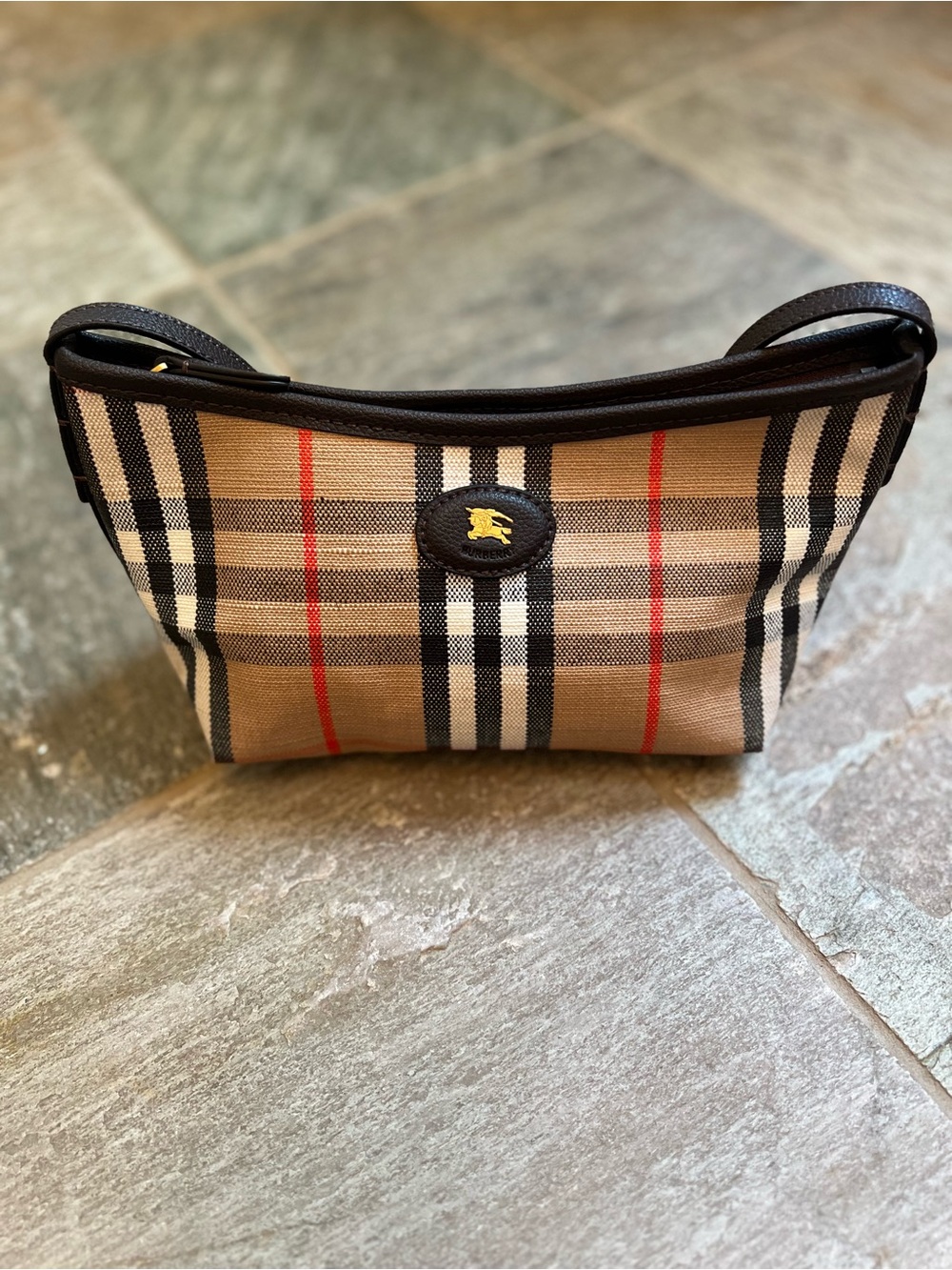 Small Burberry Highlands Bag in Tan, Black & Red Accents - Picture 3 of 14